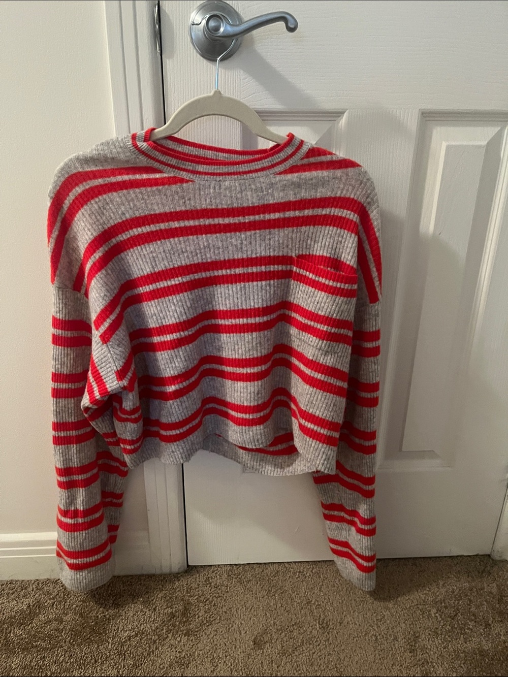 American Vintage Gray with Red Stripe Ribbed Crewneck Sweater
